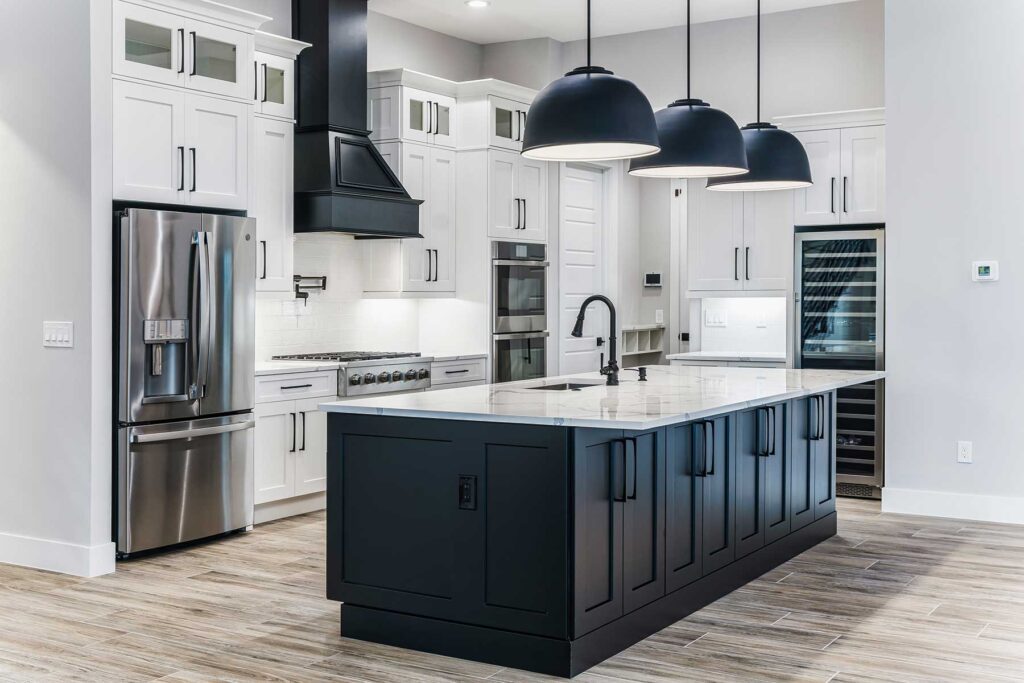 Glossy, matte, and wood grain cabinet finishes on display in Cape Coral kitchen