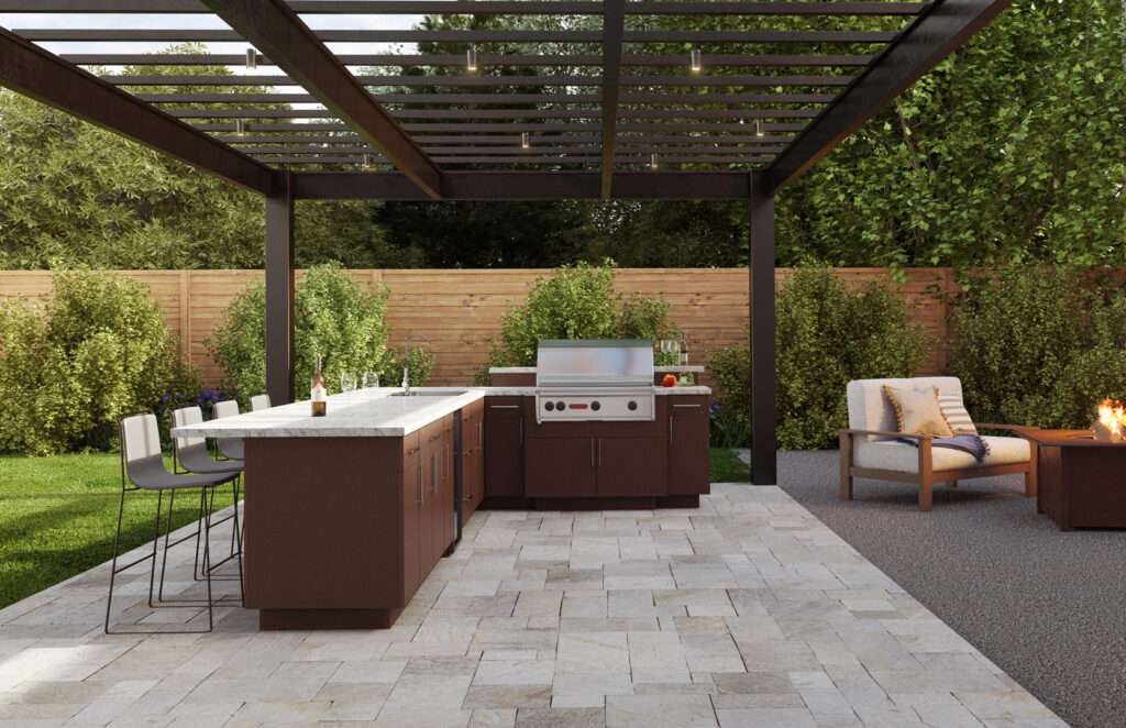 Custom outdoor kitchen in Cape Coral with grill and bar seating